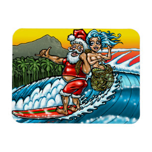Ímã Ilustração de Papais noeis de Surfe Havaiano Azu