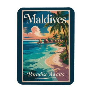 Ímã Ilustração de Praia das Maldivas Arte de Viagem Vi