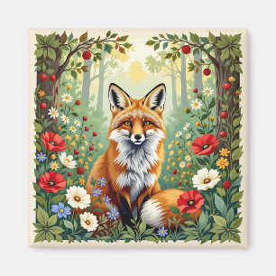 Imã Ilustração de Raposa na Floresta de Flores Silvest