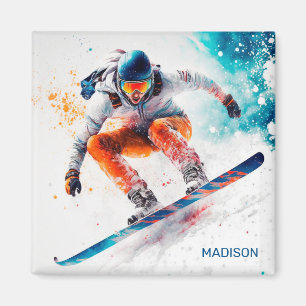 Imã Ilustração de Snowboarder com Nome Personalizado