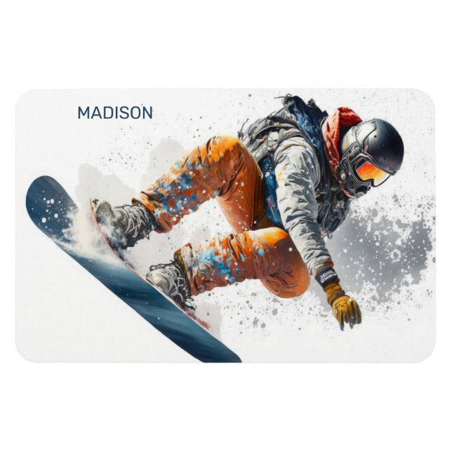 Ímã Ilustração de Snowboarder de Nome Personalizado (Horizontal)