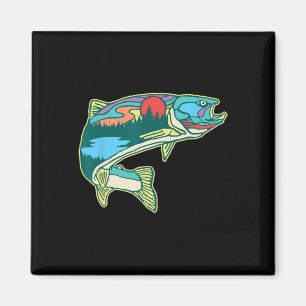 Imã Ilustração de Truta na Natureza Vintage Pesca com