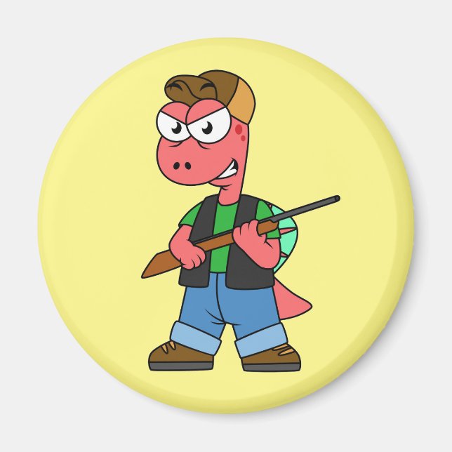 Imã Ilustração De Um Caçador De Espinossauro Com Arma. (Frente)