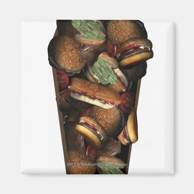 Imã Ilustração de um caixão cheio de comida rápida (Frente)
