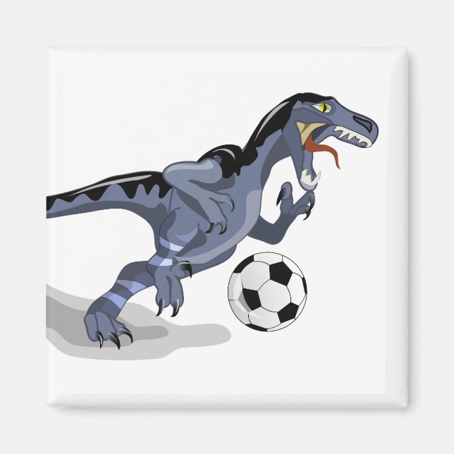 Imã Ilustração De Um Dinossauro Raptor Jogando Futebol (Frente)
