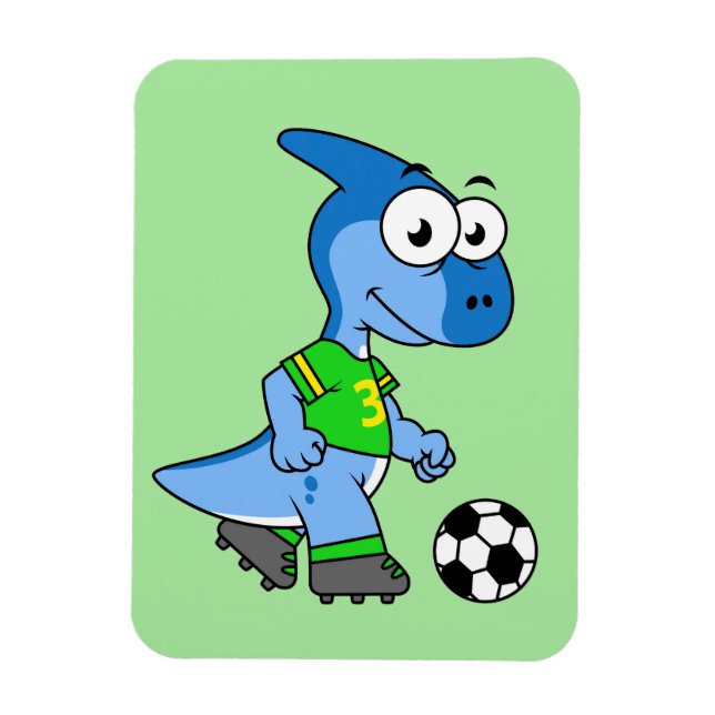 Ímã Ilustração De Um Parasaurolofo Jogando Futebol. (Vertical)