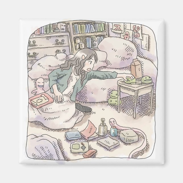 Imã Ilustração de uma mulher deitada em uma cama roxa  (Frente)
