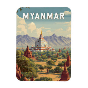 Ímã Ilustração de Viagem Arte Vintage de Mianmar