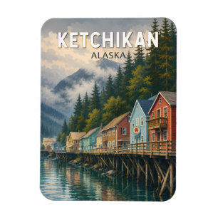 Ímã Ilustração de Viagem de Ketchikan Alasca Vintage