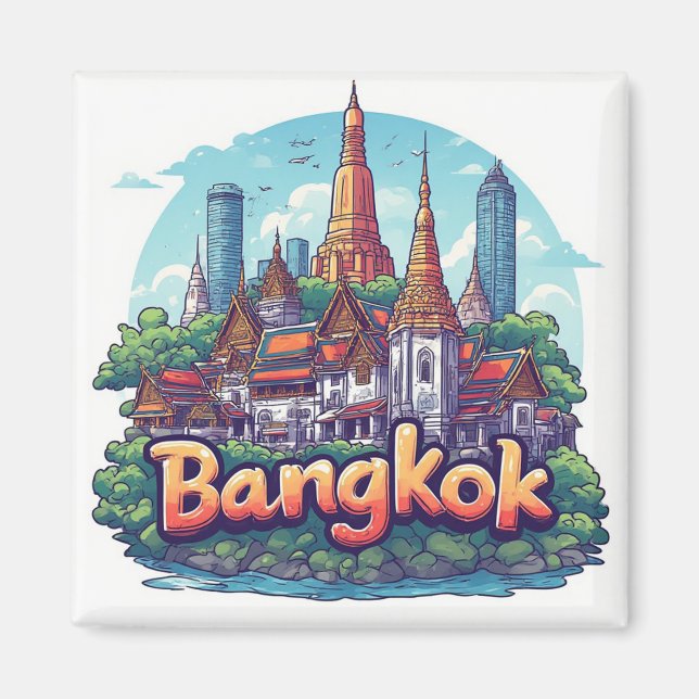 Imã Ilustração de Viagem em Banguecoque com Templos Do (Frente)