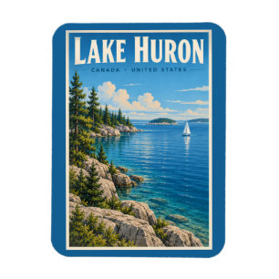Ímã Ilustração do Lago Huron Viagem Arte Vintage