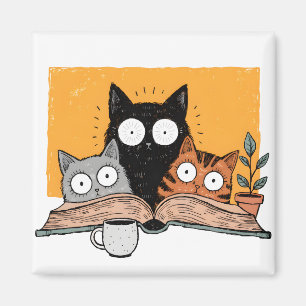 Imã Ilustração Engraçada de Gatos Lendo