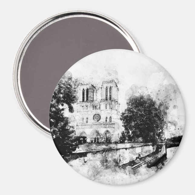 Imã Ilustração Monocromática da Catedral de Notre-Dame (Front/Back)