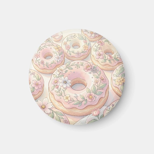 Imã Ilustração Pastel de Donuts Rosa Floral (Frente)