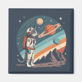 Imã Ilustração Retro de Astronauta Gato no Espaço Cósm