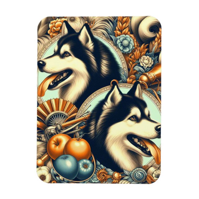 Ímã Ilustração Retro Siberian Husky (Vertical)