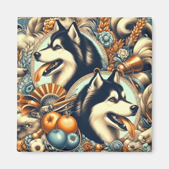 Imã Ilustração Retro Siberian Husky (Frente)