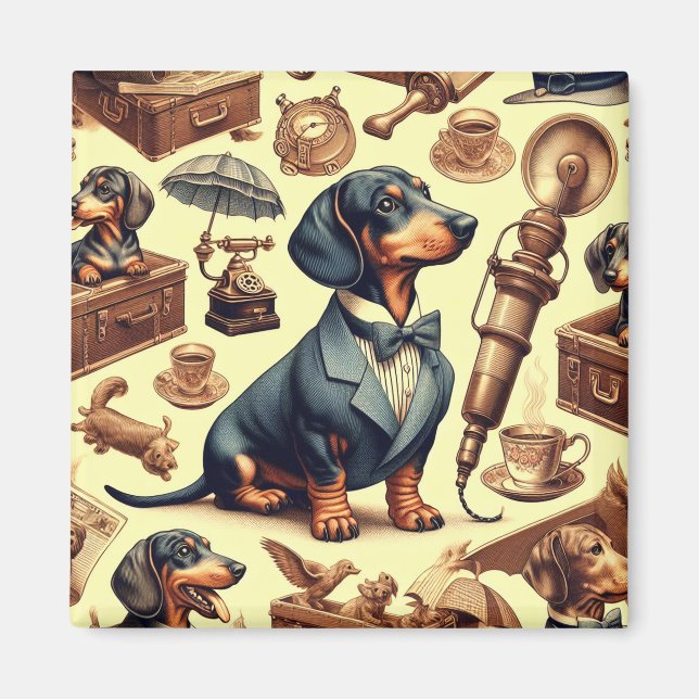 Imã Ilustração Vintage Dachshund (Frente)