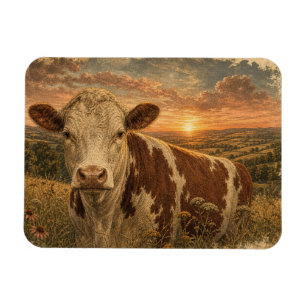 Ímã Ilustração Vintage de Vaca das Terras Altas ao Pôr