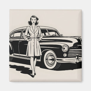 Imã Ilustração Vintage dos Anos 40 de Mulher e Carro