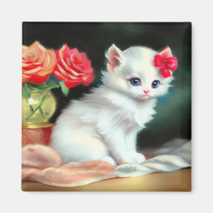 Imã Ilustração Vintage White Kitten com Flores Vermelh