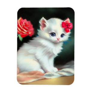 Ímã Ilustração Vintage White Kitten com Flores Vermelh