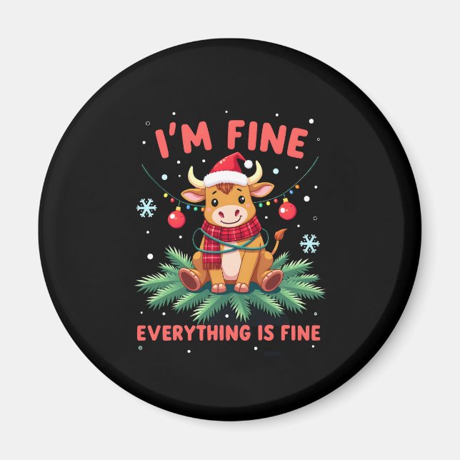 Imã I'm Fine Everything is Fine Christmas Highland Cow (Frente)
