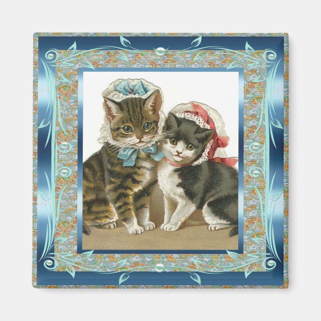 Imã Ímã Antigo Gatos Azul Teal Antigos (Frente)