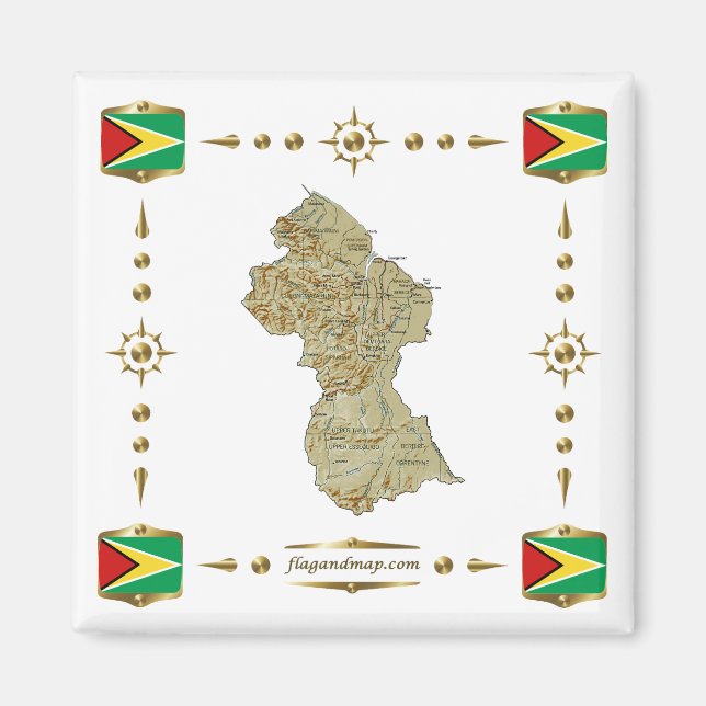Imã Ímã com Mapa da Guiana + Bandeiras (Frente)