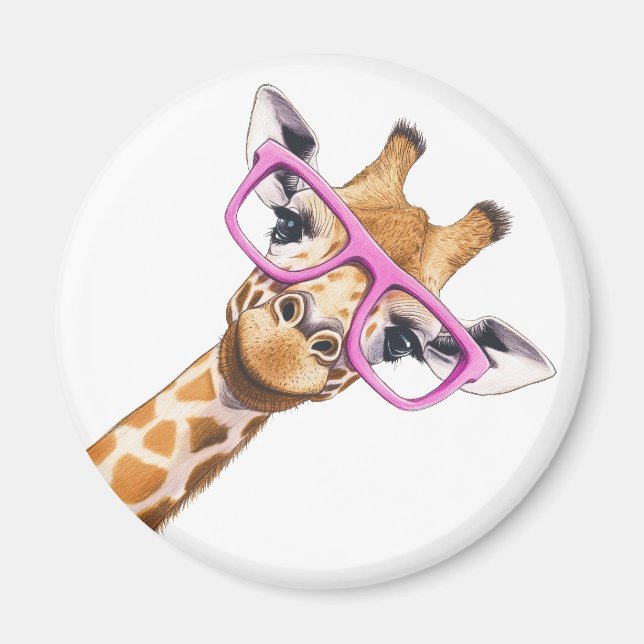 Imã Ímã de Animal Fofo Girafa com Óculos Rosa (Frente)