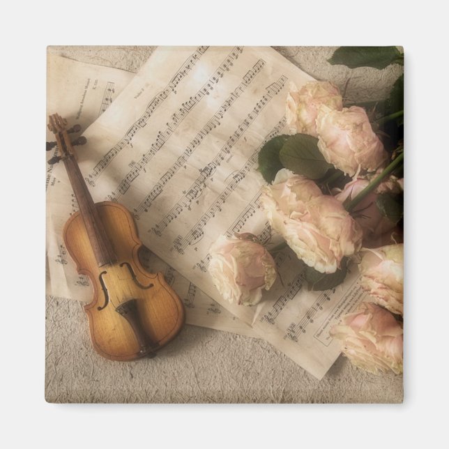 Imã Ímã de Arte Antiga Violino e Rosas (Frente)