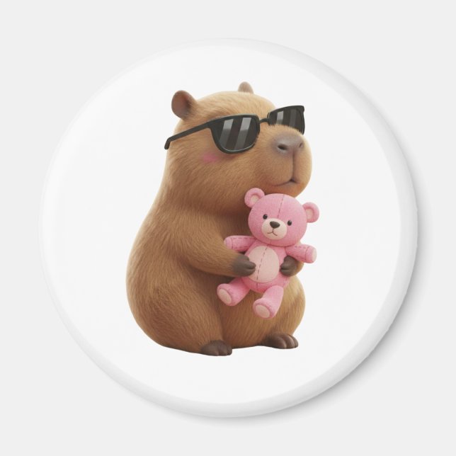 Imã Ímã de Capivara Fofa Abraçando Urso de Pelúcia (Frente)