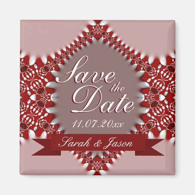 Imã Ímã de Casamento com Data Rosa Vermelho (Frente)
