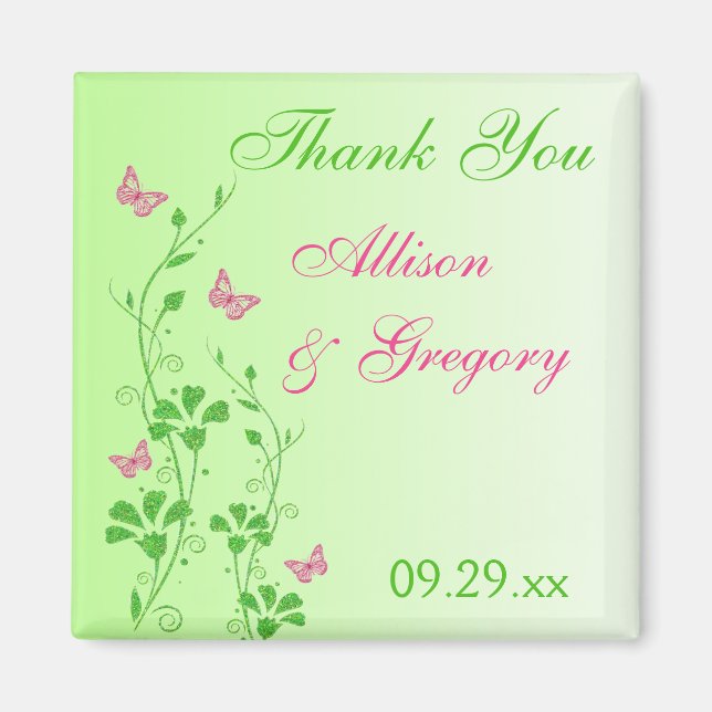 Imã Ímã de casamento de borboleta floral rosa e verde (Frente)