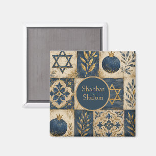 Imã Ímã de Cozinha Shabbat Shalom, Azul Marinho Dourad