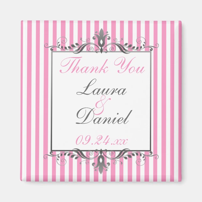 Imã Ímã de Favor de Casamento Listrado de Rosa e Branc (Frente)