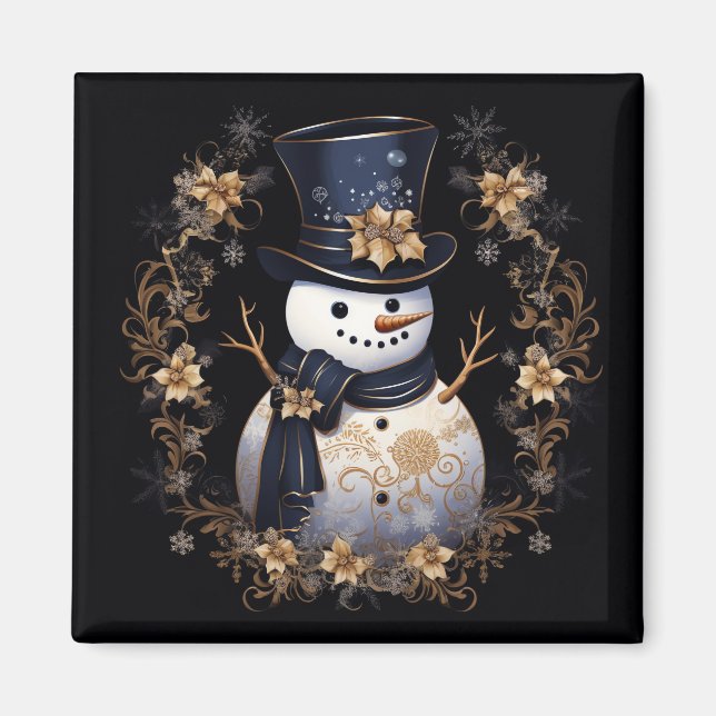 Imã Ímã de Férias de Flores Douradas Homem de Neve (Frente)