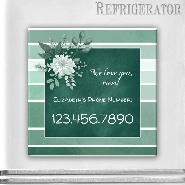 Imã Ímã de Floral Listrado de Quadro Verde (Magnet featuring a green chalkboard image framed by an elegant green and white floral striped design)
