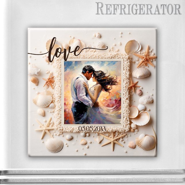 Imã Ímã de Foto Conchas Amor Praia (Romantic photo magnet featuring your photo on a beach design with shells - wedding - save the date)