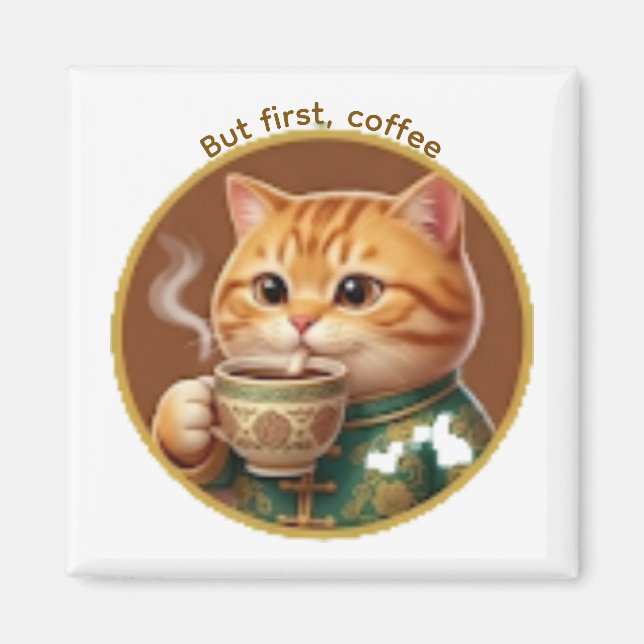 Imã Ímã de Gato Laranja Fofo Bebendo Chá Café (Frente)