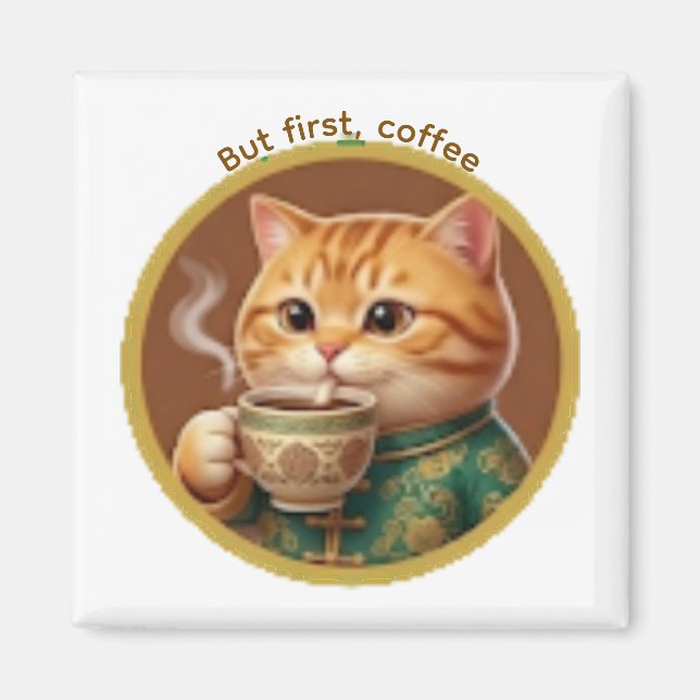 Imã Ímã de Gato Laranja Fofo Bebendo Chá Café (Frente)