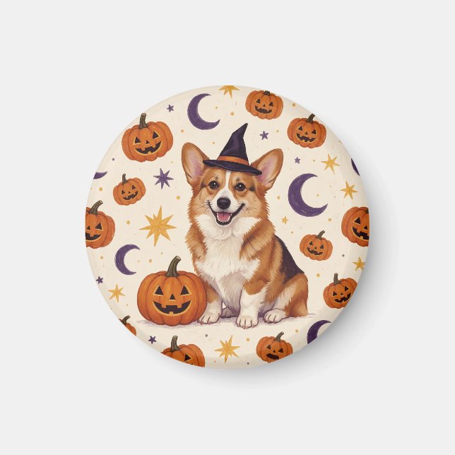 Imã Ímã de Geladeira Corgi Halloween Pumpkin Patch (Frente)