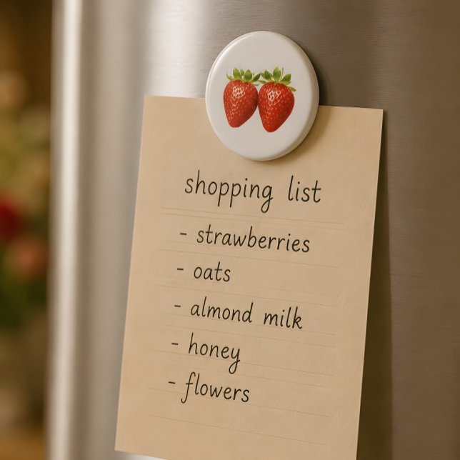 Imã Ímã de Geladeira de Morango Fresco (Cute strawberry magnet for cozy kitchens and shopping lists.)
