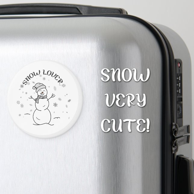 Imã Ímã de Geladeira Floco de Neve Bonito Boneco de Ne (Fridge magnet with a grayscale illustration of a happy snowman, snowflakes, and SNOW LOVER text.)
