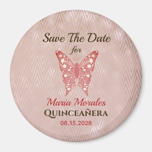 Imã Ímã de Glitter Rosa para Salvar a Data de Quincean (Frente)