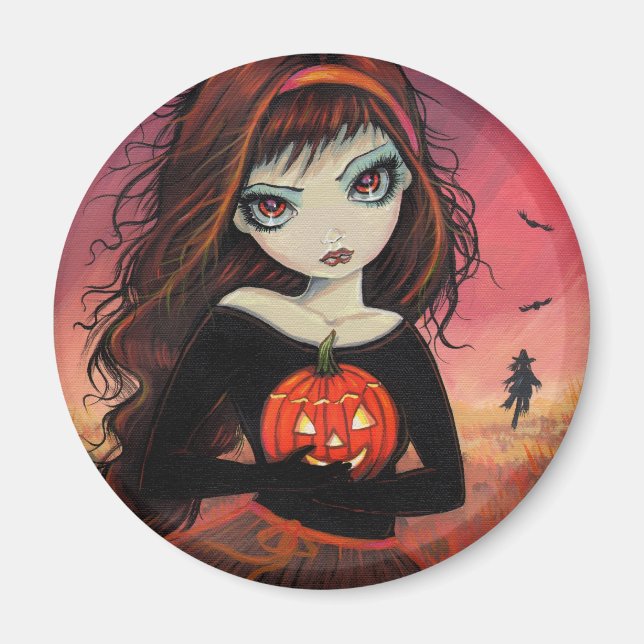 Imã Ímã de Halloween Garota de Olho Grande com Abóbora (Frente)
