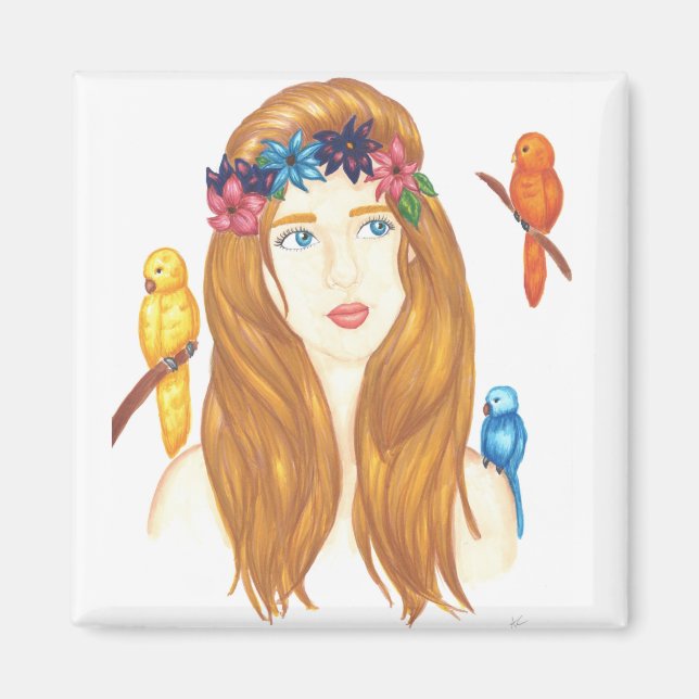 Imã Ímã de Menina com Pássaro - 2 cm Quadrado (Frente)