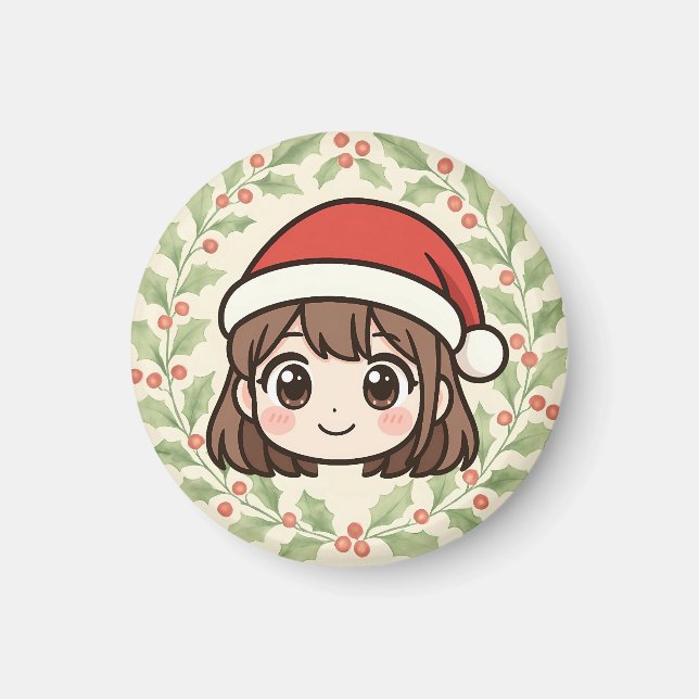 Imã Ímã de Menina de Anime Kawaii de Natal (Frente)