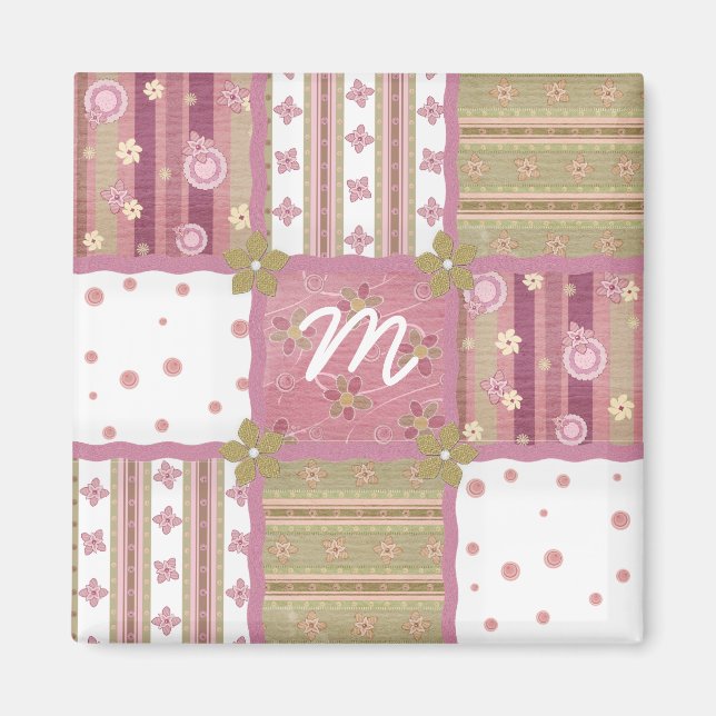 Imã Ímã de Monograma de Remendo de Colcha Shabby Chic (Frente)