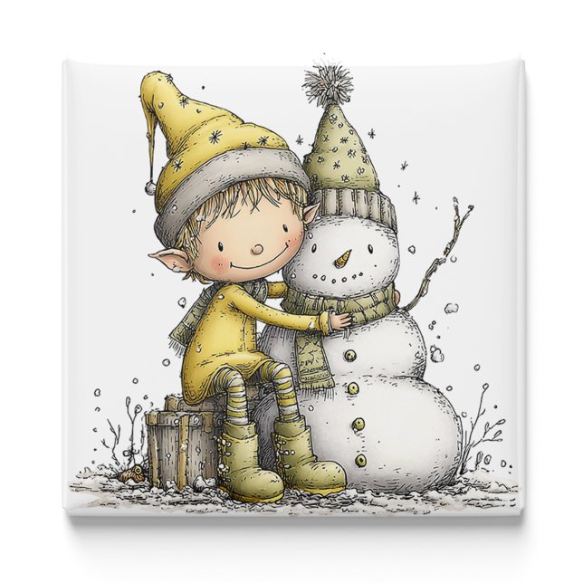 Imã Ímã de Natal Boneco de Neve Elfo Amarelo (Yellow Elf Snowman Christmas Magnet by PiggyPrint Sticker. by PiggyPrint Sticker. )